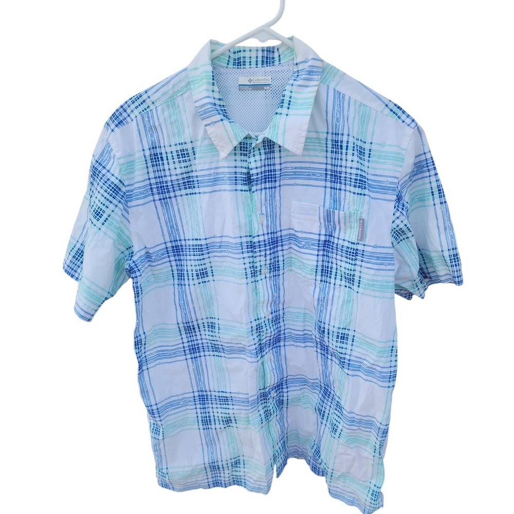 Columbia‎ PFG Mens Short Sleeve Fishing Shirt Blue Teal Plaid Size Medium